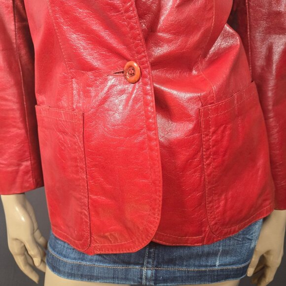 Vintage 90s Red Leather Jacket Blazer Dagger Collar Fitted Womens Size XS - Picture 4 of 9